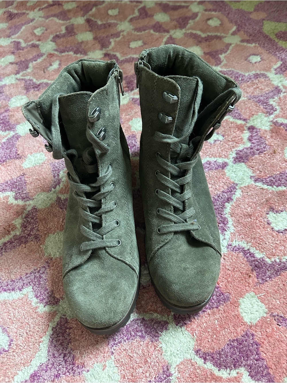 Green/Gray Suede Lace-Up Ankle Boots